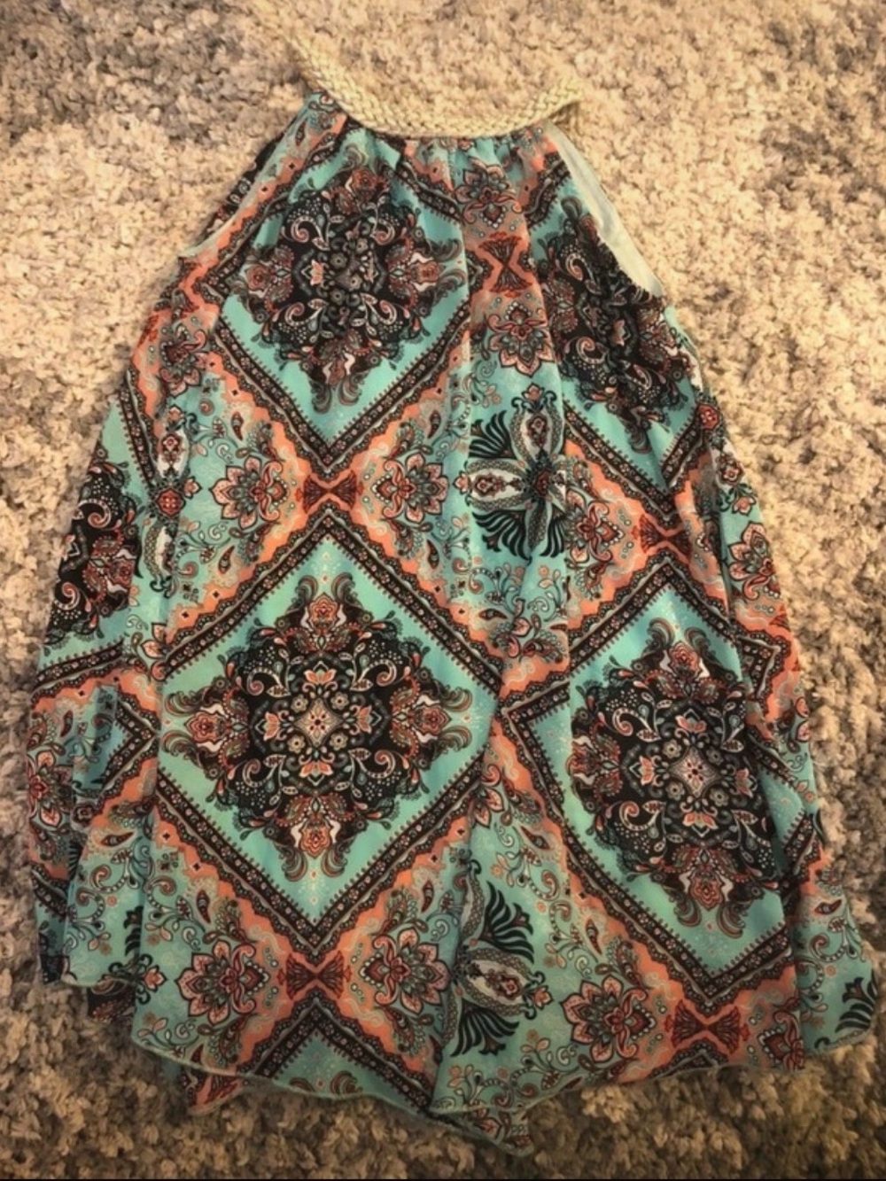 Pinky Turquoise and Coral Medallion Halter mini dress